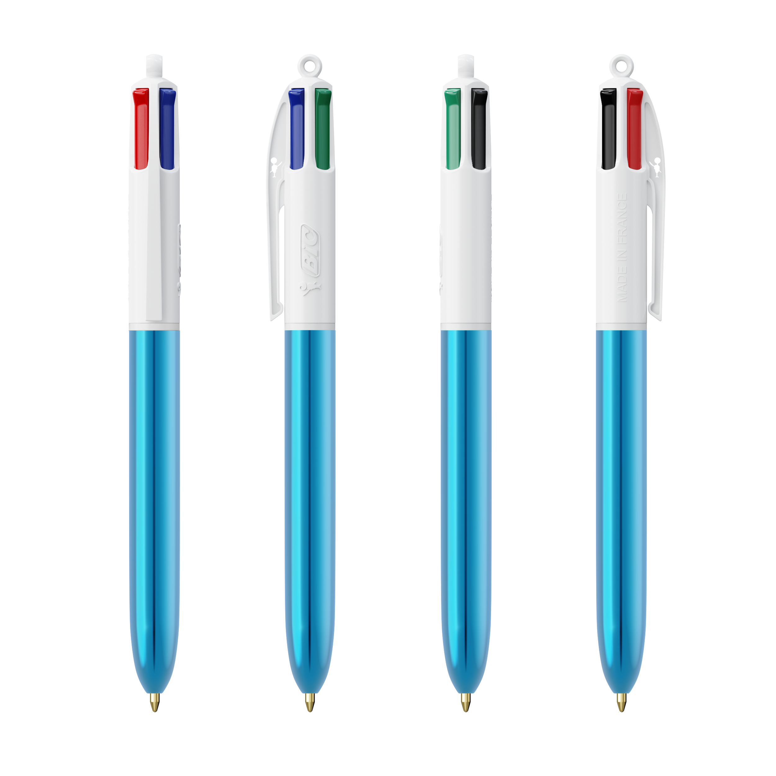 Stylo 4 couleurs publicitaire BIC® Shine avec Lanyard Blanc - Bleu Metallique